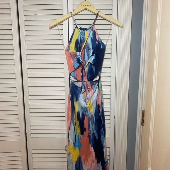 multi colored beach cover up dress open back lace up back - Picture 2 of 2